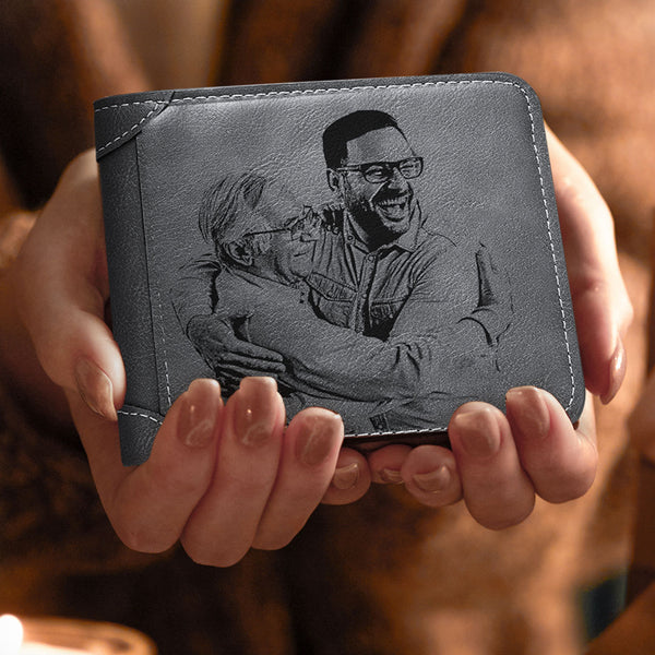 Men's Wallet Custom Photo Engraved Wallet Grey Leather Personalized Wallets