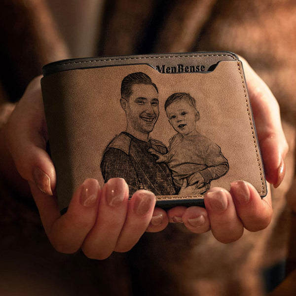 Men's Custom Photo Engraved Wallet Bifold Short Wallet Brown Gift For Dad