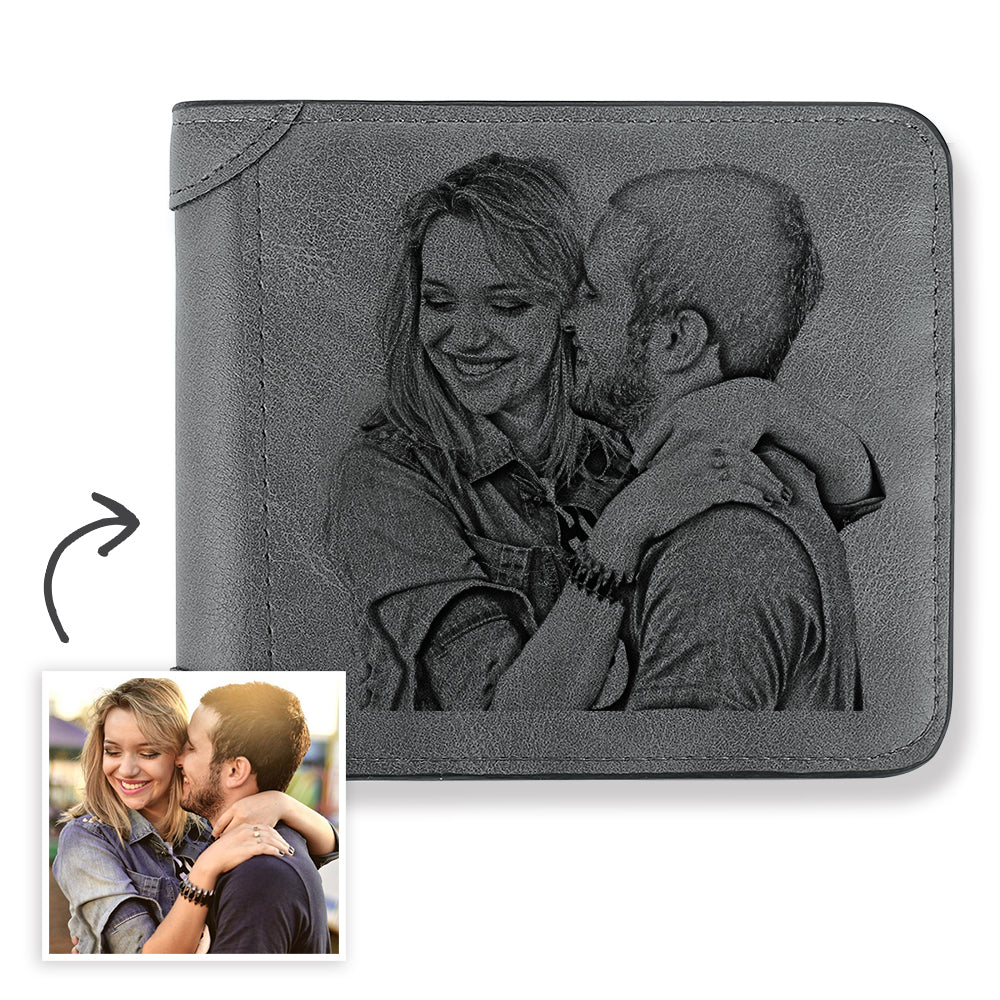 Men's Wallet Custom Photo Engraved Wallet Grey Leather Personalized ...